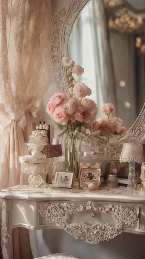 Un&#39;anteprima della stanza di una signora, piena di pizzi vintage e decorazioni floreali, che creano un&#39;atmosfera di raffinatezza coquette.