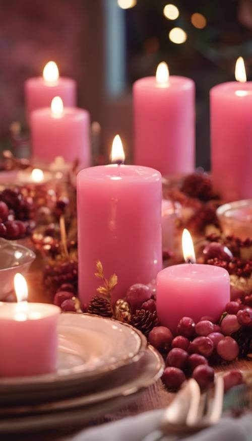 Exquisite handcrafted pink candles illuminating a Thanksgiving dinner.