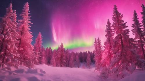 소나무 숲 위로 핑크색 오로라가 반짝이는 마법 같은 크리스마스 장면.
