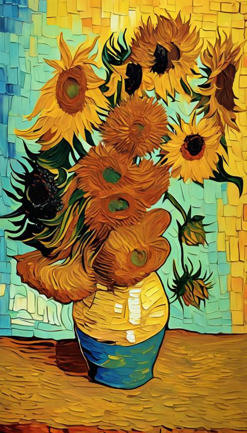 Obraz w żywych kolorach przedstawiający słoneczniki w charakterystycznym impresjonistycznym stylu Vincenta Van Gogha.