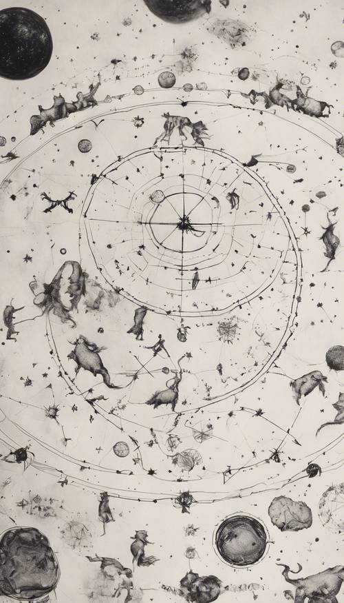 An artistic representation of zodiac constellations in black ink on a white, textured paper. Tapeta na zeď [13cb4c453d754473ad51]