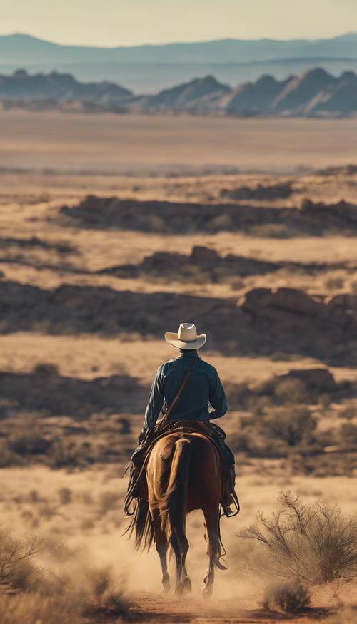 Ein Cowboy auf einem Pferd reitet unter einem himmelblauen Himmel auf ein weites und lebendiges Plateau im Westen zu.