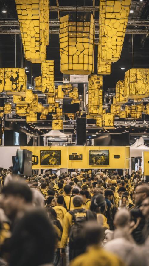 A busy gaming convention filled with yellow-themed booths and accessories.