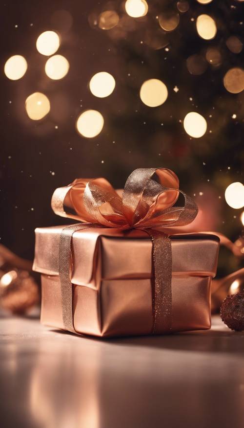 A rose-gold wrapped Christmas gift lying in Santa's sleigh under starlight. ផ្ទាំង​រូបភាព [f30b1a9f1e4d45bf8b11]