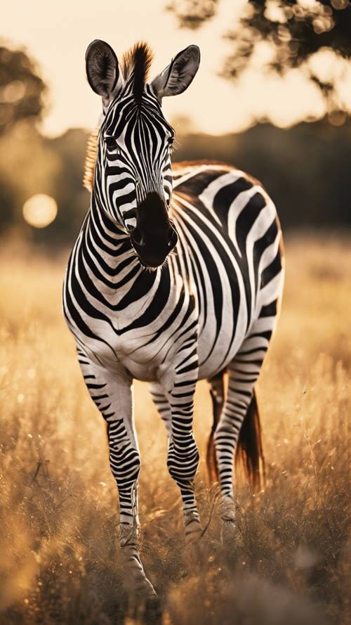 Ein Zebra sonnt sich im goldenen Licht eines Sommernachmittags.