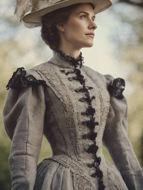 Pakaian linen yang disulam dengan indah dan detail dari seorang wanita terhormat di era perang saudara.