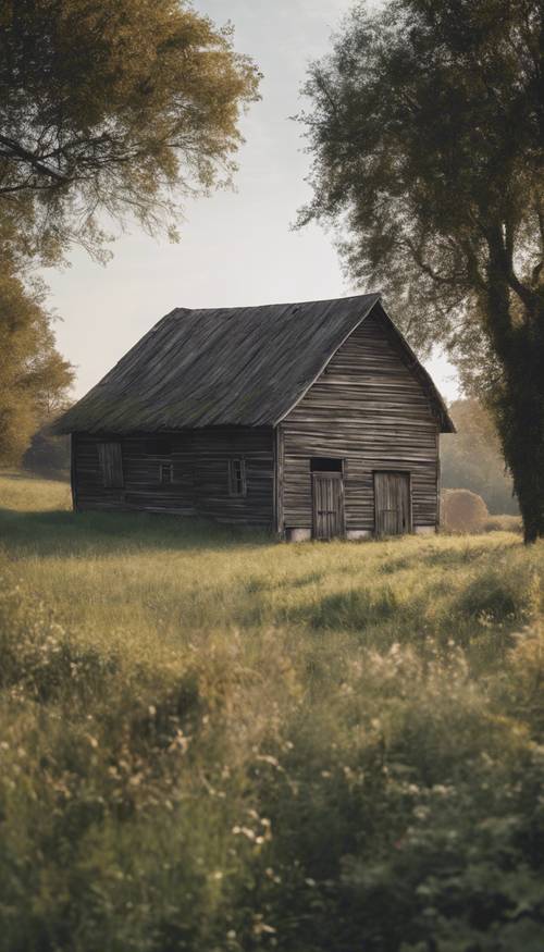 Một nhà kho cũ bằng gỗ màu xám giữa một vùng quê rộng lớn.