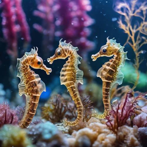 一群优雅的海马在海藻间悄悄游动，小小的身体上装饰着宝石般的色彩。
