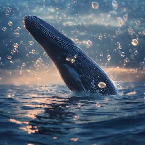 A blue whale singing in the dark ocean depths with bubbles escaping from its mouth.