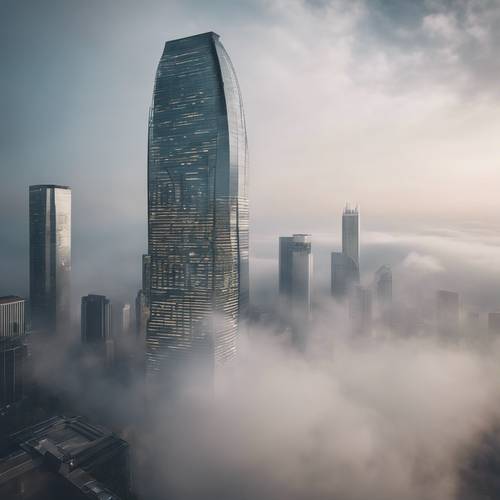 A modern skyscraper rising above the fog.