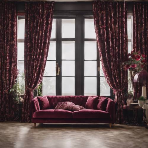 别致的客厅装饰有酒红色花卉窗帘，增添了戏剧效果