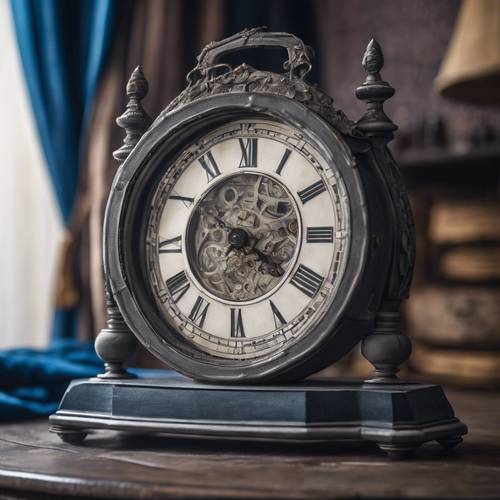 An antique gray clock showing midnight, set against a backdrop of blue velvet drapes.