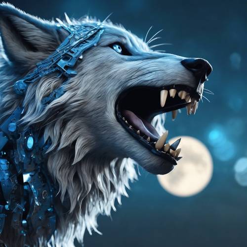 Cybernetic blue metallic wolf howling at the full moon Tapeet [cd4f8b1a8f484581b07d]