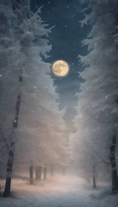 Un magico cielo notturno di Natale con la luna piena che illumina un paesaggio ghiacciato e alberi di Natale decorati visibili attraverso la foschia.