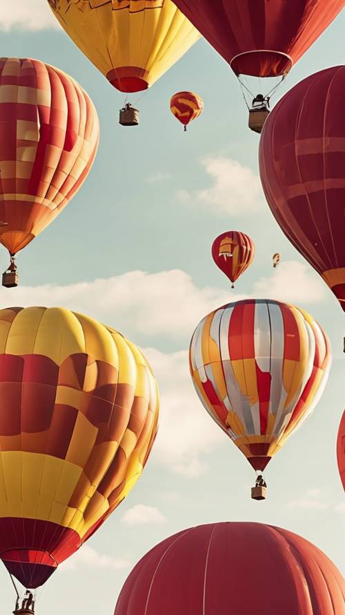 Cztery balony na ogrzane powietrze pomalowane na odważną, chłodną czerwień i słoneczną żółć, delikatnie unoszące się na czystym niebie.