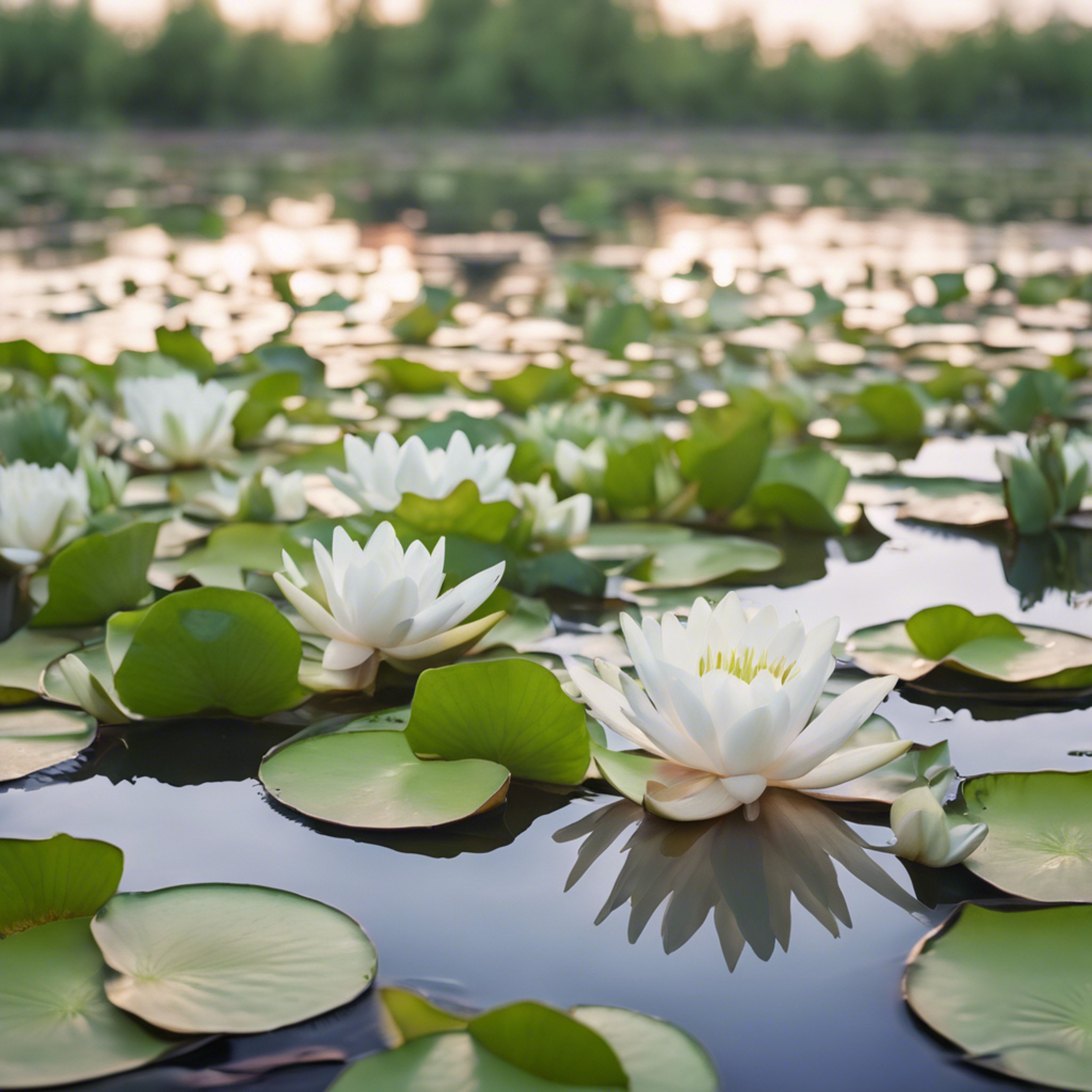 A tranquil lily pond with light green lily pads and budding flowers. Wallpaper[e3bf8ad191934de7ab8c]