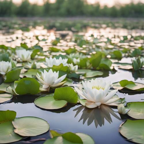 A tranquil lily pond with light green lily pads and budding flowers.