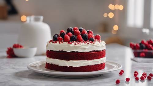 An appetizing red velvet cake with white cream cheese frosting, decorated with fresh red berries on a marble countertop.