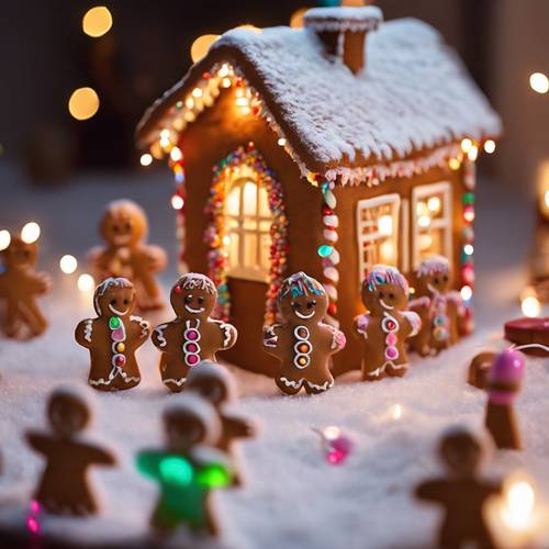 A gathering of rosy-cheeked gingerbread people, decorating their tiny house with twinkling lights and colourful candies.