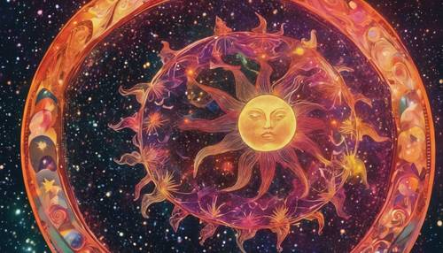 Surreal imagery of a day-night fusion with a psychedelic sun and moon in a vividly colored cosmos. Tapeta [bf31b24759104c989b1b]