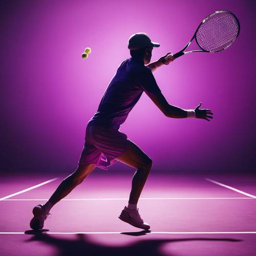 Siluet pemain tenis yang sendirian beraksi dengan latar belakang ungu gradien.
