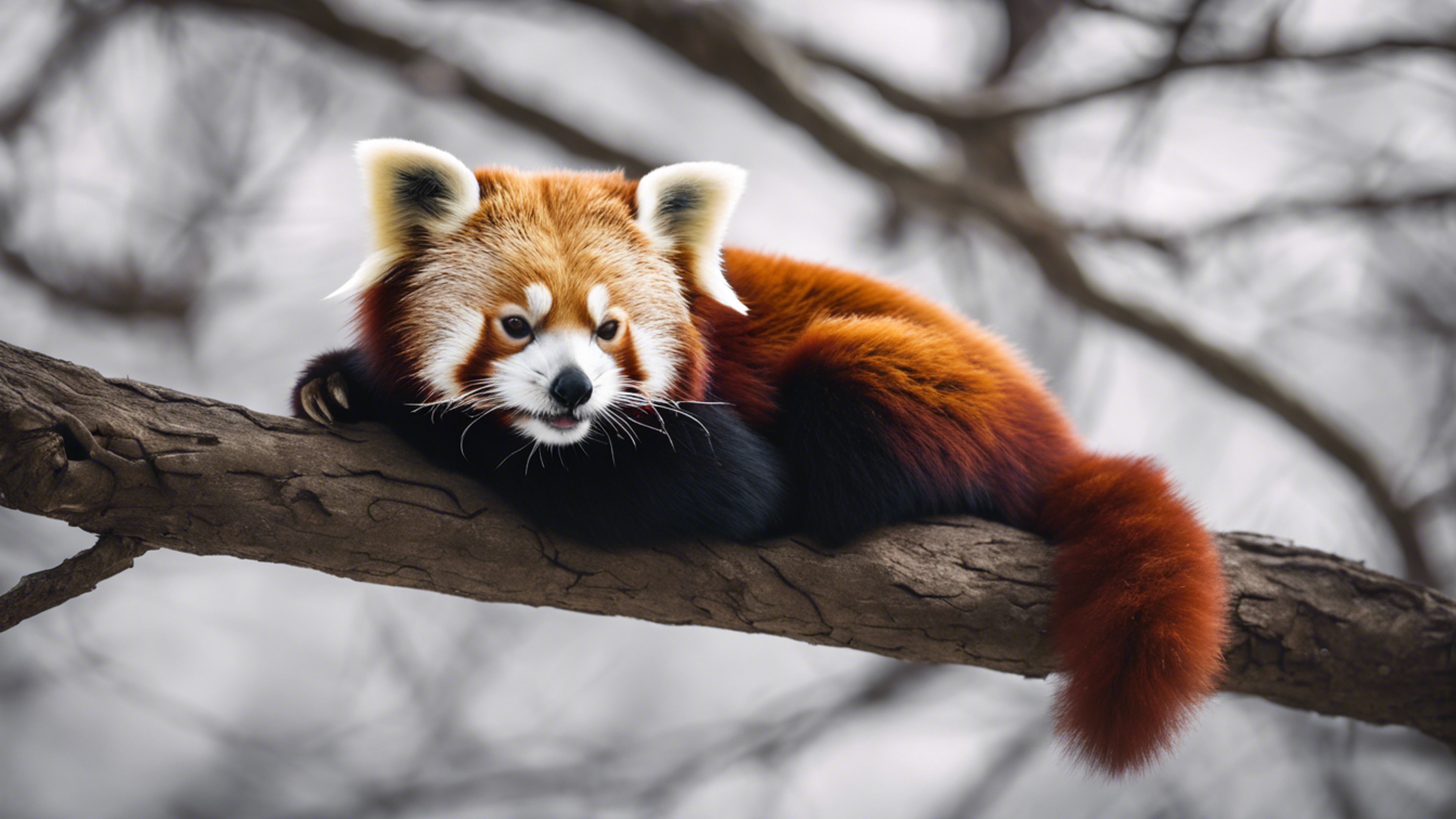 A red panda enjoying a peaceful nap on a thick tree branch. 墙纸[0844f7d1c6274207ac91]