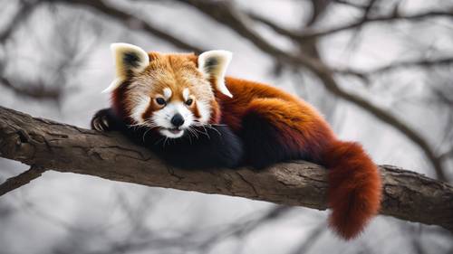 A red panda enjoying a peaceful nap on a thick tree branch.