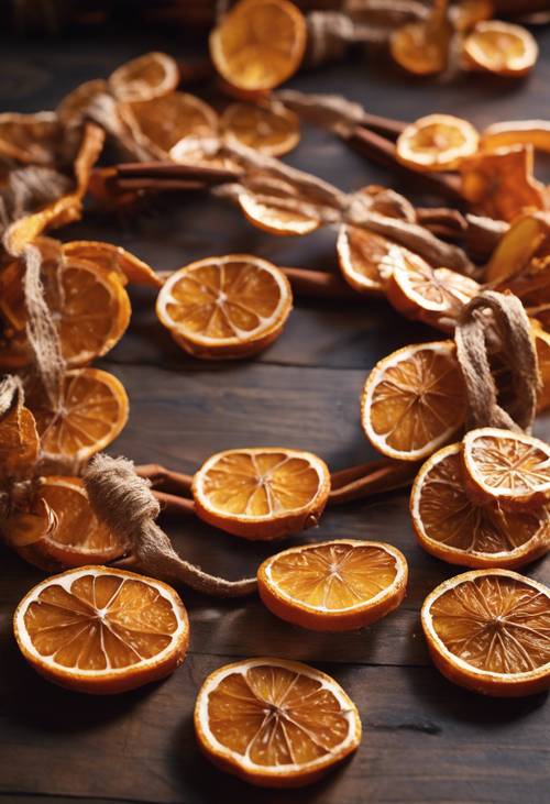 A homemade Christmas garland made from dried orange slices and cinnamon sticks