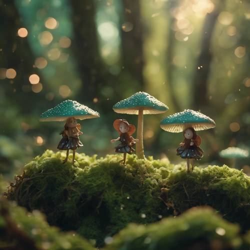 A magical image of tiny pixies dancing on green tree mushrooms in an enchanted wood. Wallpaper [9fc679c618ae42ba95f3]