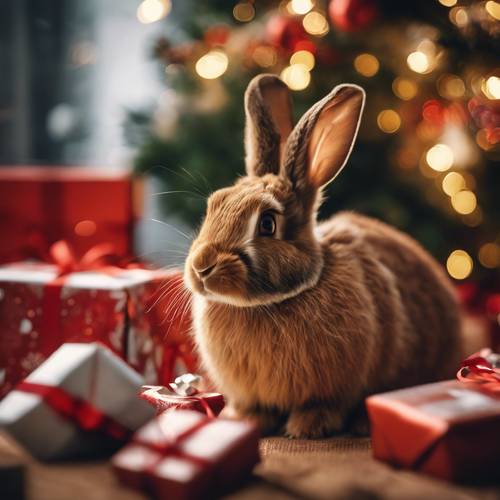 Một chú thỏ nâu đáng yêu ẩn mình giữa những món quà được gói dưới gốc cây thông Noel.