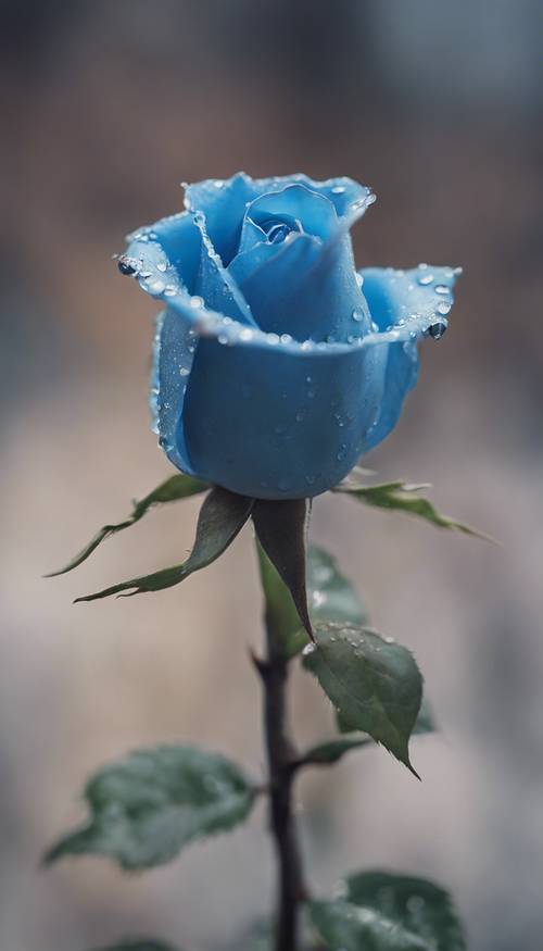 蓝色玫瑰花蕾即将绽放前的特写。