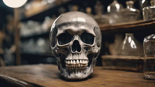 Uma caveira cinza com um sorriso malicioso, espiando através de uma cúpula de vidro em uma loja de curiosidades.