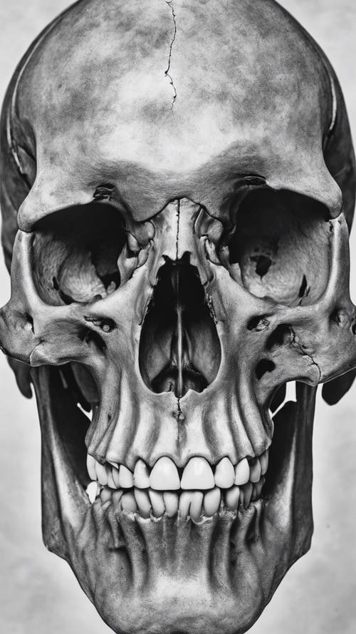 Croquis détaillé au crayon noir et blanc du crâne humain.