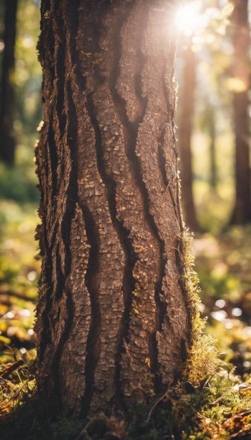 صورة مقربة لجذع شجرة بني مزخرف يتسلل ضوء الشمس من خلال أوراقها.