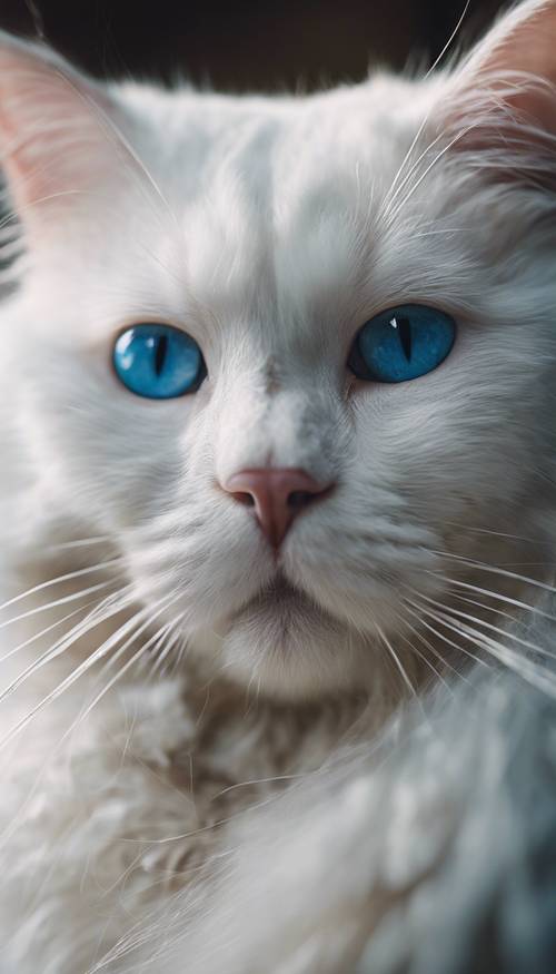 A close-up portrait of a melancholy white cat with piercing blue eyes.