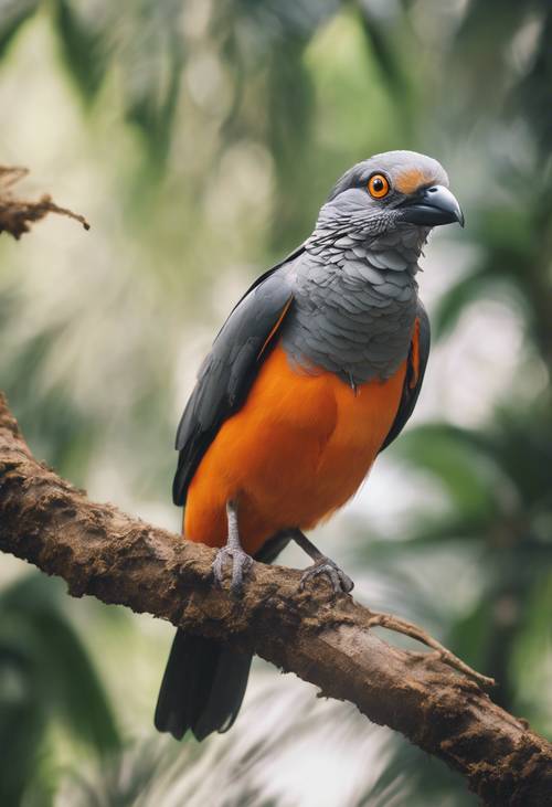 Seekor burung tropis berwarna abu-abu dan oranye bertengger di dahan hutan hujan.