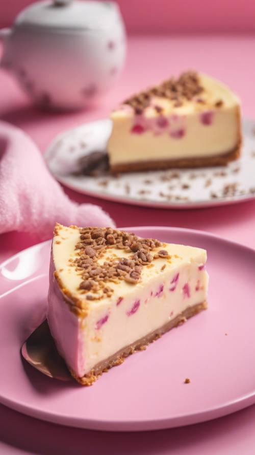 A slice of creamy cheesecake on a pink cow print plate.