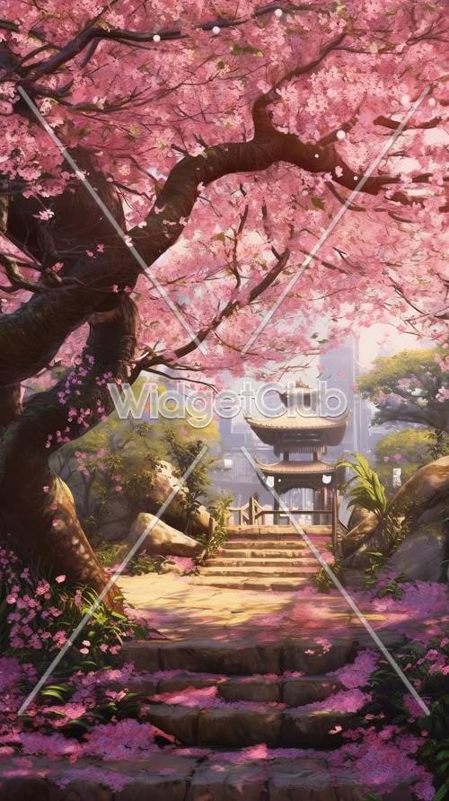 桜のお寺の風景 壁紙