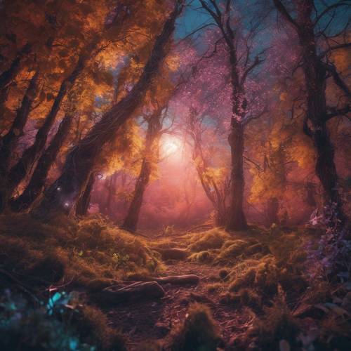 Uma floresta misteriosa sob o brilho suave da lua cheia, cercada por uma aura radiante e colorida.