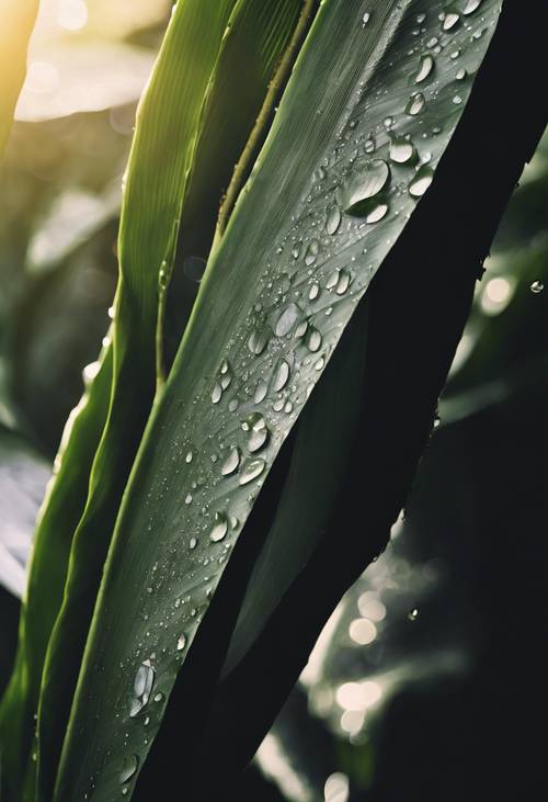 Black banana leaves with dew drops in the early morning. Шпалери [fe502bff5ea741cb818c]