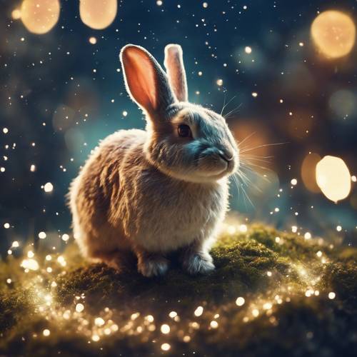 一隻仙兔在夜晚散播魔法塵埃給沉睡的小鎮。