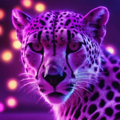 Una obra de arte digital iluminada con neón de un guepardo morado con ojos brillantes.
