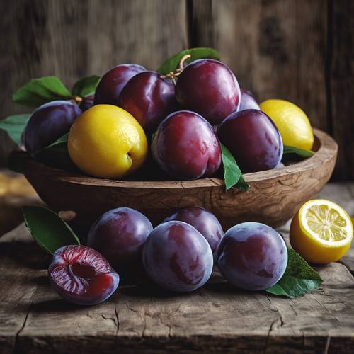 A classic still life of plump, juicy plums and lemons on a rustic wooden table.