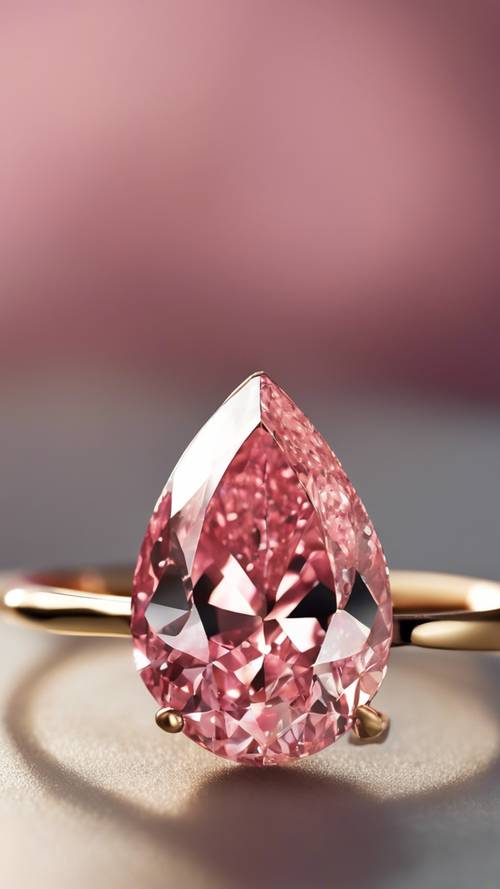 Eine Nahaufnahme eines rosafarbenen, birnenförmigen Diamanten auf einem einfachen Goldring.