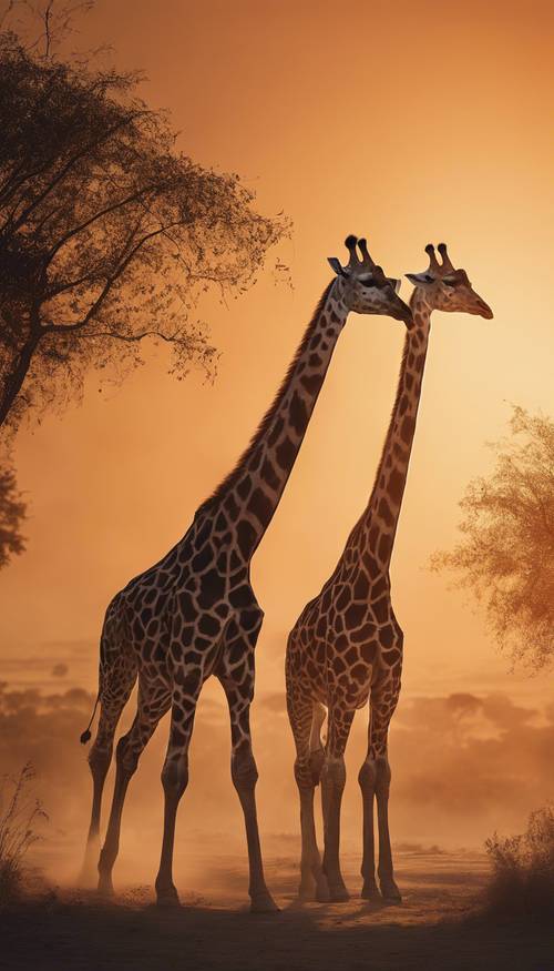 Giraffes walking in a row during a dusty sunlit evening creating silhouettes against a glowing orange backdrop.