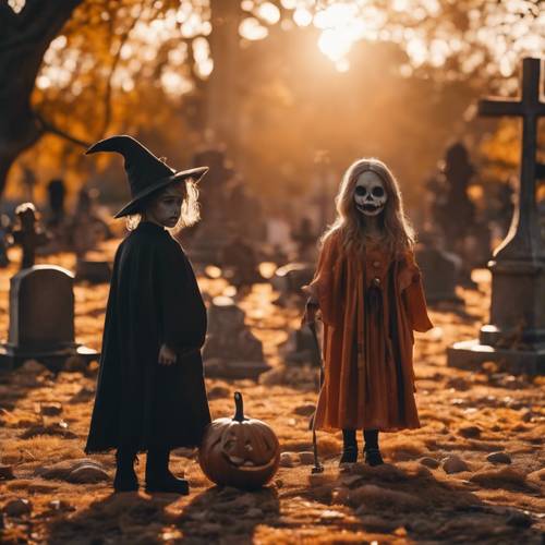 Przyjazne duchy, czarownice i potwory bawiące się na placu zabaw o tematyce Halloween, znajdującym się na cmentarzu, zalanym łagodnym pomarańczowym światłem zachodzącego słońca.