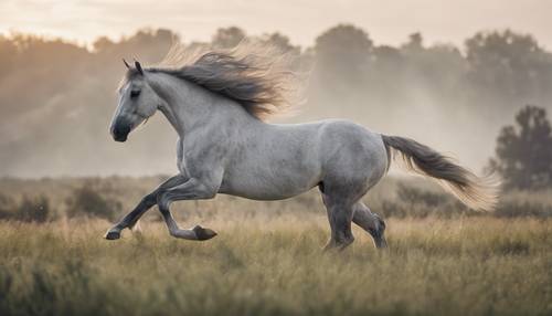 Una vista di profilo di un bellissimo ed elegante cavallo grigio chiaro che galoppa attraverso un prato aperto.