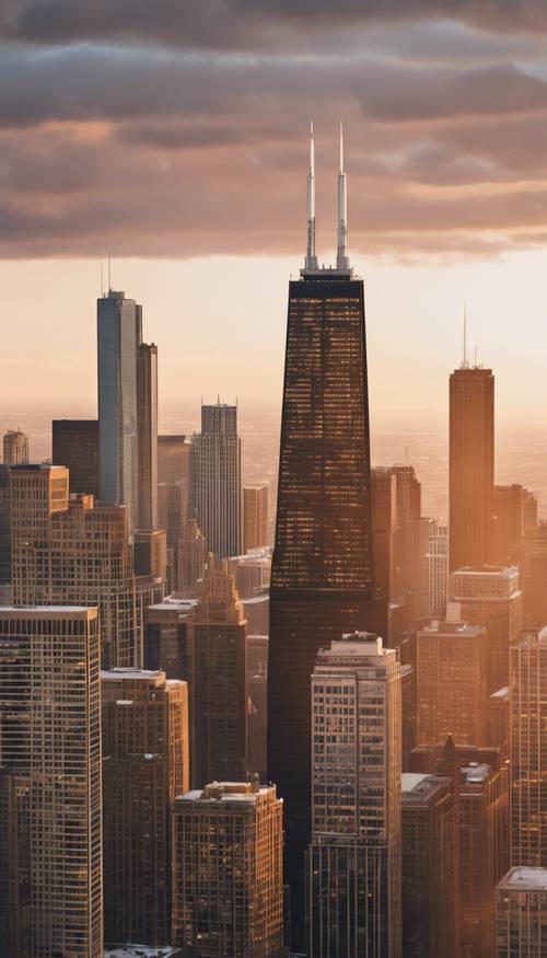 A large-scale panorama of the Chicago skyline, dominated by the Willis Tower, bathed in morning glow. Tapet [c8c4431b7aae4b7a8eff]