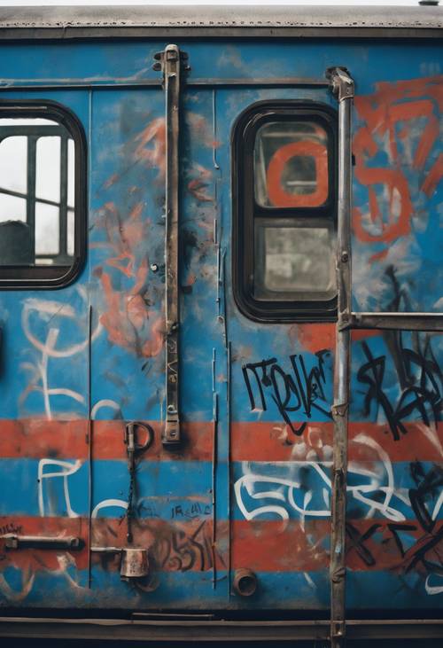 A strong political statement expressed through powerful blue graffiti on the side of a train. Tapet [072e28a8c19f48dcbfdd]