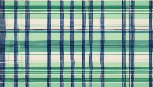 A casual plaid pattern featuring navy blue and mint green intersecting lines.